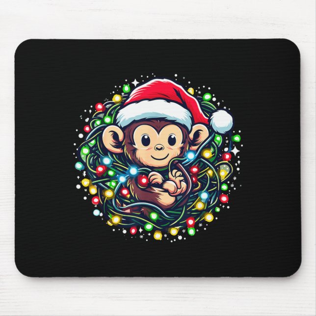 Mousepad Cute Christmas Monkey Santa Hat Lights Monkey Wome (Frente)