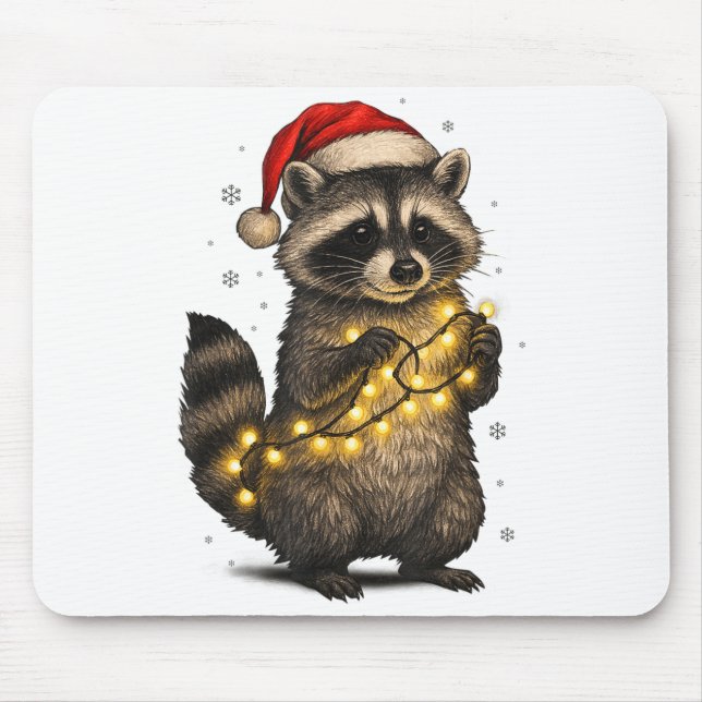 Mousepad Cute Christmas Raccoon Funny Holiday Lights Animal (Frente)