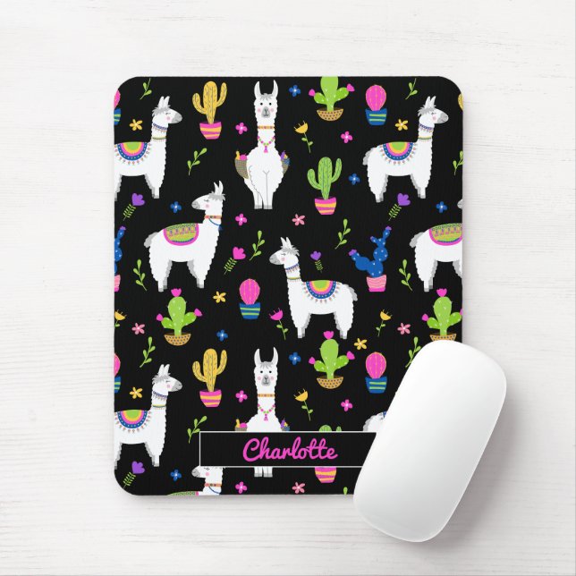 Mousepad Cute Colorful Alpaca Cactus Custom Name Black (Com mouse)
