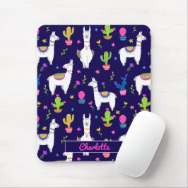 Mousepad Cute Colorful Alpaca Cactus Custom Name Dark Blue