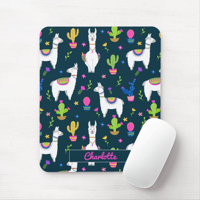 Mousepad Cute Colorful Alpaca Cactus Personalized Name (Com mouse)