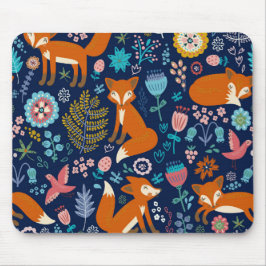 Mousepad Cute Colorful Flowers & Foxes Pattern