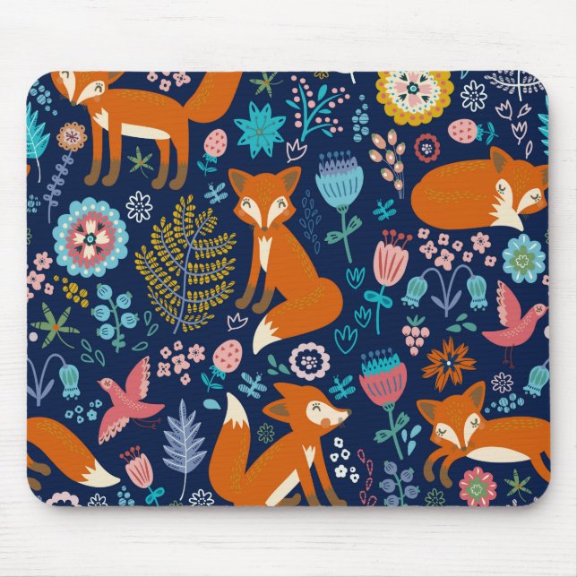 Mousepad Cute Colorful Flowers & Foxes Pattern (Frente)