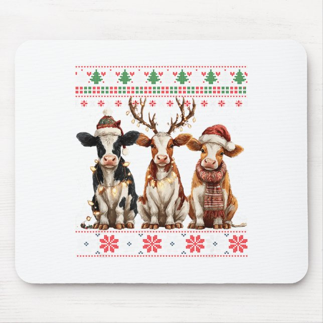 Mousepad Cute Cow Santa Christmas Lights Ugly Xmas Sweater  (Frente)