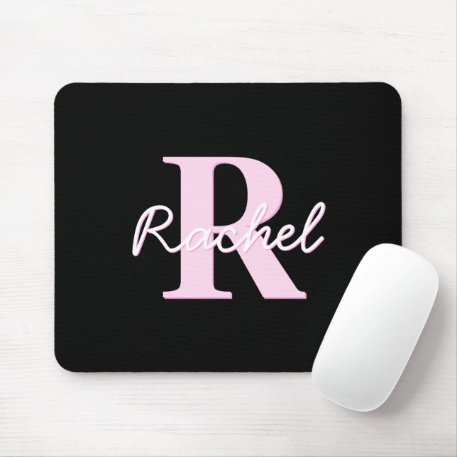 Mousepad Cute Customizable Monogram | Light Pink & Black (Com mouse)