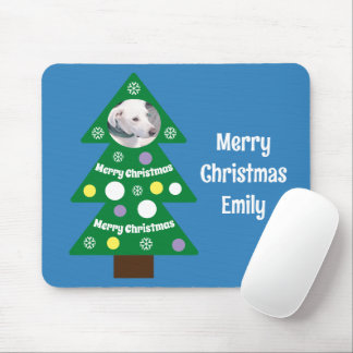 Mousepad Cute Dog Photo in Colorful Christmas Tree Blue
