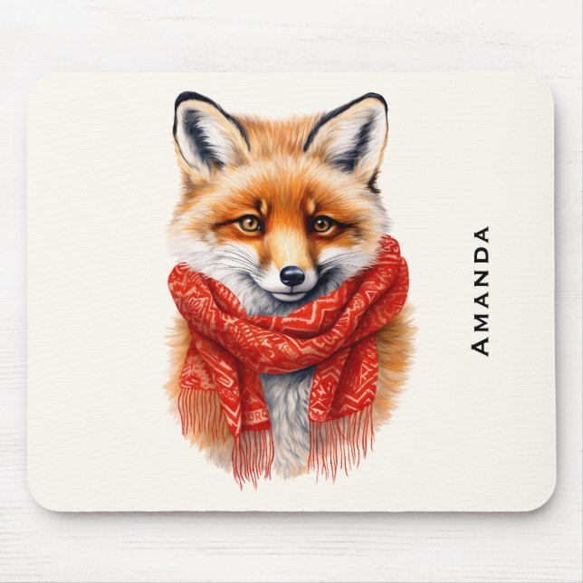 Mousepad Cute Fox in a Red Scarf Autumn Image (Frente)