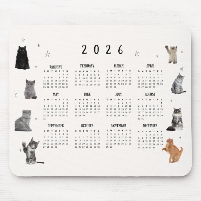 Mousepad Cute Funny Cat 2026 Calendar (Frente)