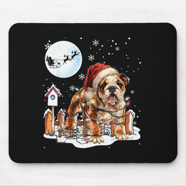 Mousepad Cute Funny English Bulldog Christmas Lights Santa  (Frente)