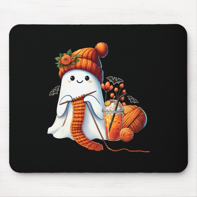 Mousepad Cute Ghost Crochet Knitting Amante Café de Hallowe (Frente)