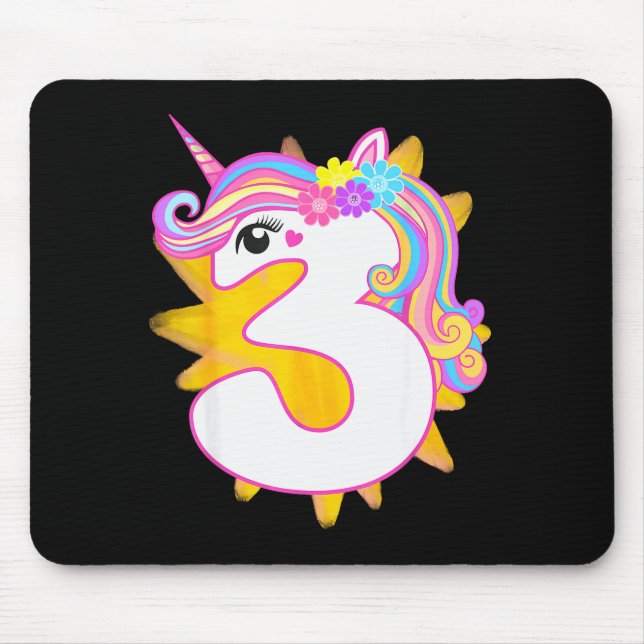 Mousepad Cute Girl Unicorn 3rd Birthday Party Three Years O (Frente)