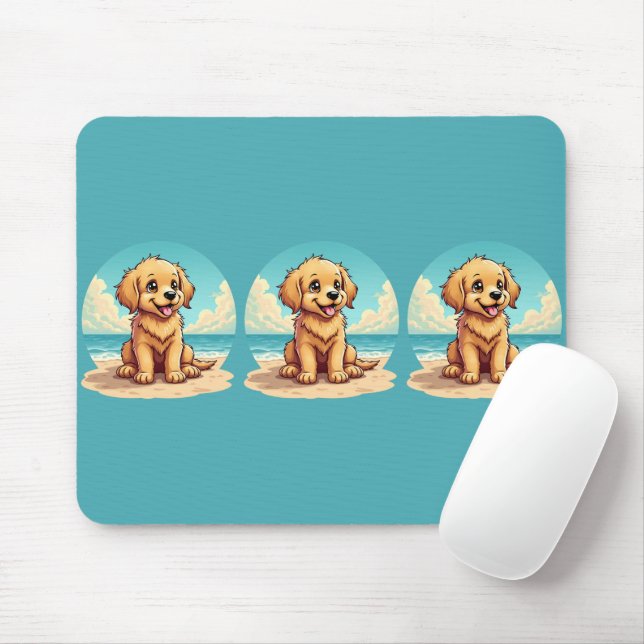 Mousepad Cute Golden Puppy at Sunny Beach Scene (Com mouse)