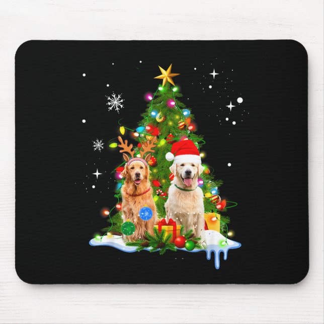 Mousepad Cute Golden Retriever Christmas Tree  (Frente)