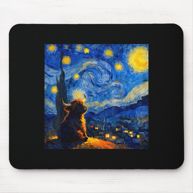 Mousepad Cute Highland Baby Cow Graphic Van Gogh Style Star (Frente)