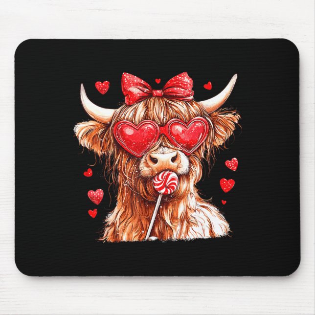 Mousepad Cute Highland Cow Candy Cane Heart Valentines Day  (Frente)
