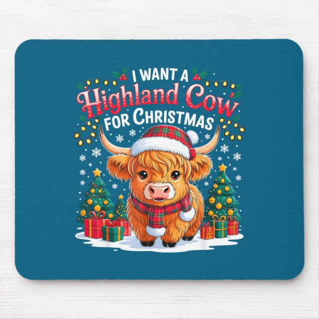 Mousepad Cute Highland Cow Christmas Funny Santa Lights Hol (Frente)