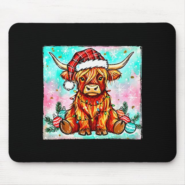 Mousepad Cute Highland Cow Christmas Lights Merry Xmas Cows (Frente)