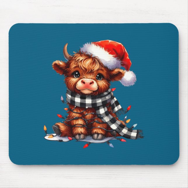 Mousepad Cute Highland Cow Christmas Lights Santa Hat Winte (Frente)
