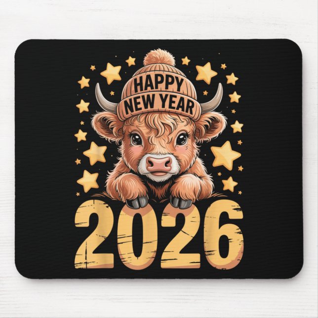 Mousepad Cute Highland Cow Happy New Year 2026 Tee Funny An (Frente)
