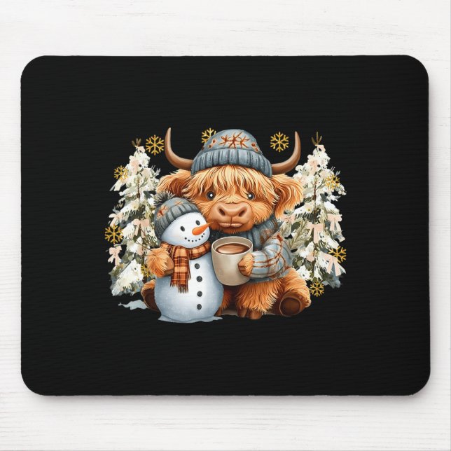 Mousepad Cute Highland Cow With Snowman Hot Cocoa Christmas (Frente)