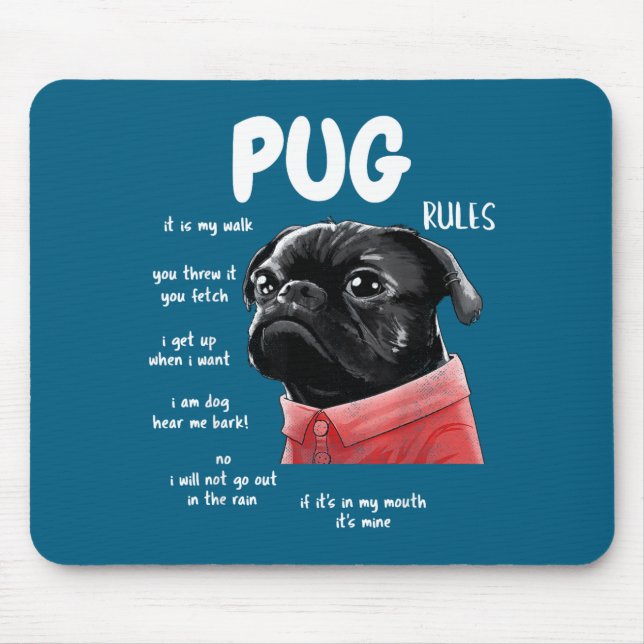 Mousepad Cute Kawaii Funny Black Pug Dog Rules Men Women Ki (Frente)