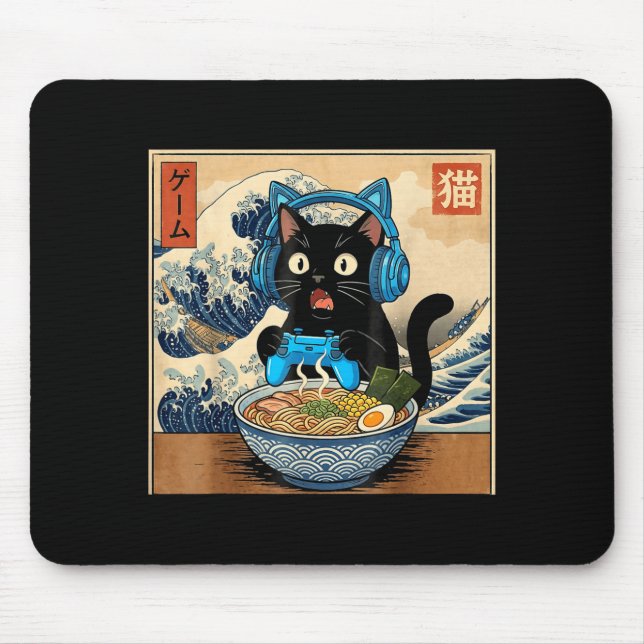 Mousepad Cute Kawaii Gamer Cat Funny Ramen Japanese Cat Gam (Frente)