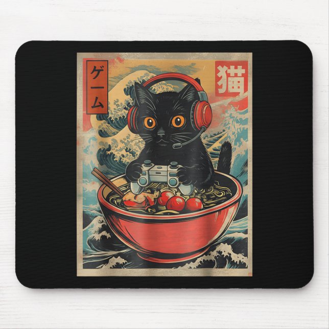 Mousepad Cute Kawaii Gamer Cat Funny Ramen Retro Japanese C (Frente)
