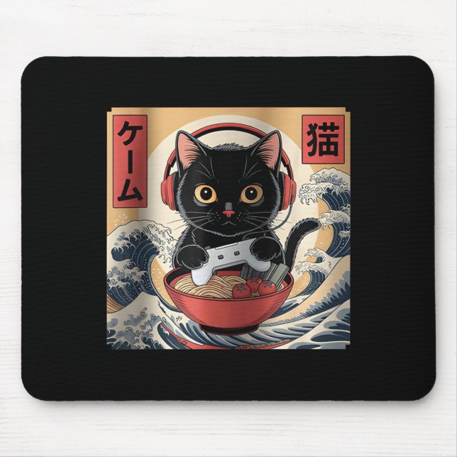 Mousepad Cute Kawaii Gamer Cat Funny Ramen Retro Japanese C (Frente)