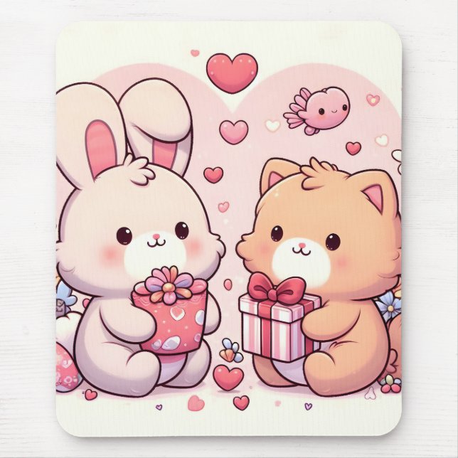 Mousepad Cute Kawaii Valentine Bunny Bear Love Gift (Frente)