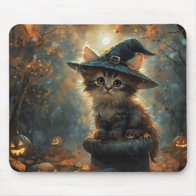 Mousepad Cute Kitten Vestindo um Chapéu de Bruxa (Frente)