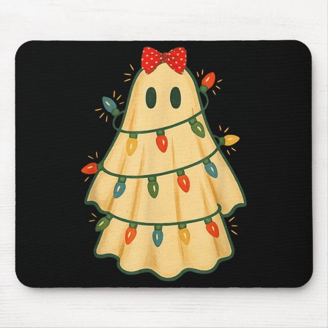 Mousepad Cute Lit Ghost Christmas Tree Funny Gift Halloween (Frente)