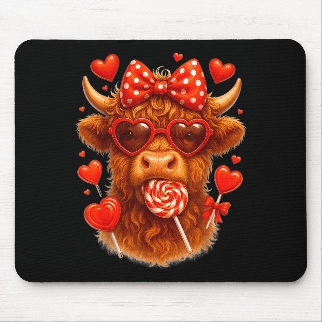 Mousepad Cute Lollip Highland Cow Valentine's Day Red Heart (Frente)