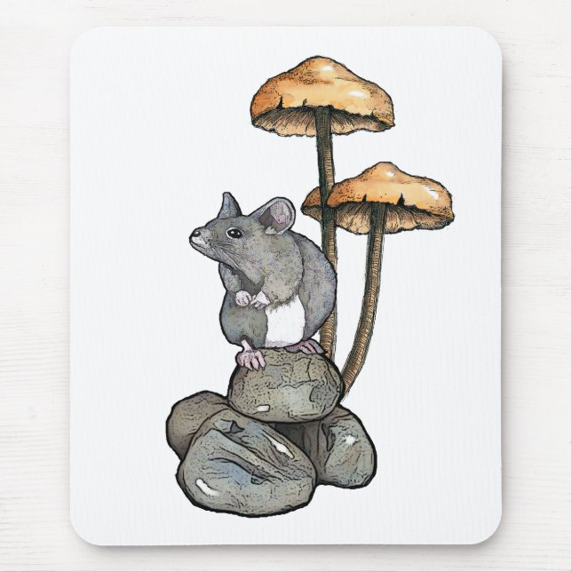 Mousepad Cute Mouse Standing on Rocks, with Mushrooms (Frente)