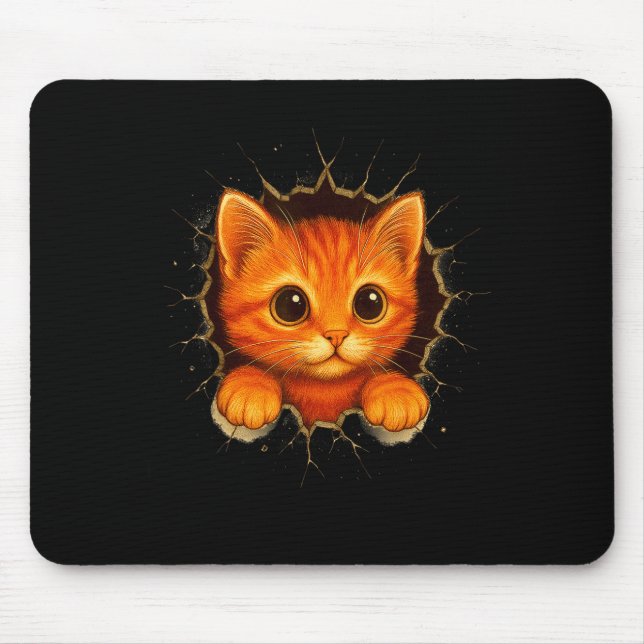 Mousepad Cute Orange Kitten Cracks Mug Wall Funny Cat Lover (Frente)
