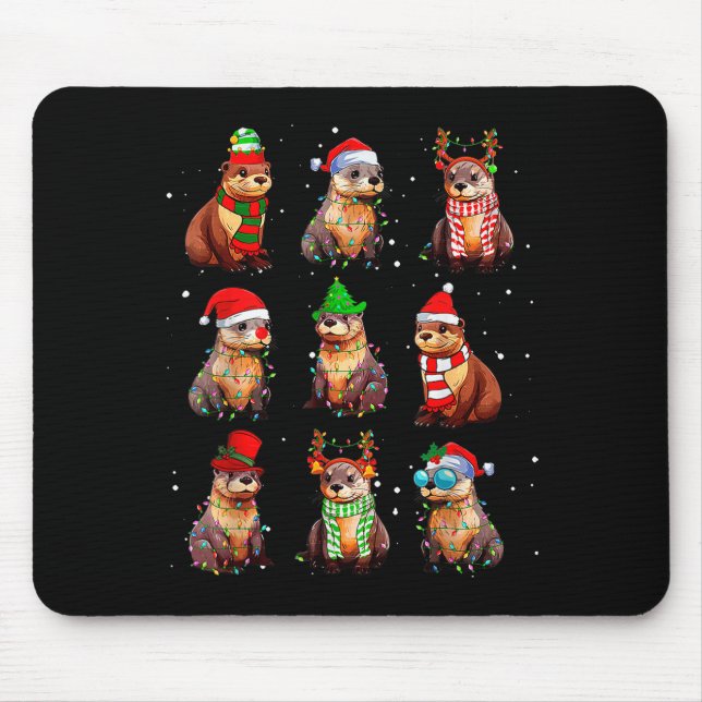 Mousepad Cute Otter Christmas Pajama Funny Xmas Lights Anim (Frente)
