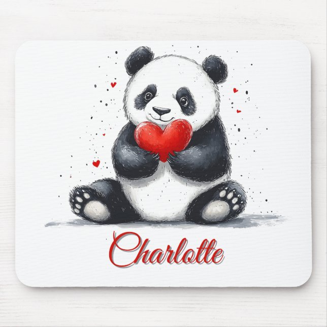 Mousepad Cute Panda Segurando Coração com Nome Personalizáv (Frente)