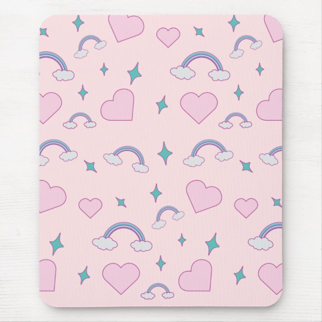 Mousepad Cute Pastel Hearts & Rainbow Pattern | Kawaii Pink (Frente)