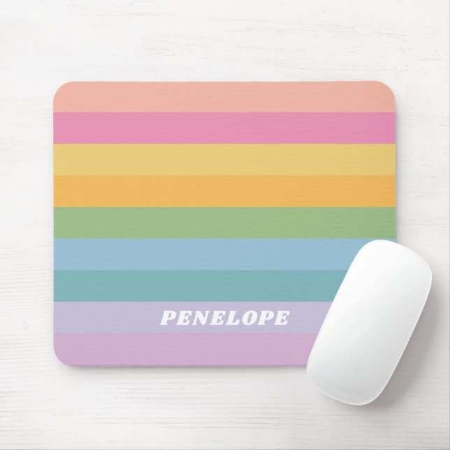 Mousepad Cute Pastel Rainbow Stripes Personalized Name (Com mouse)