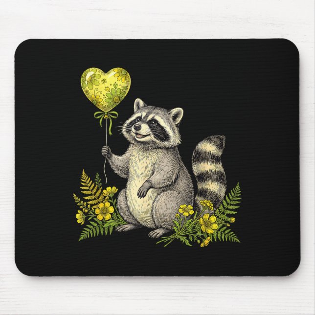 Mousepad Cute Raccoon Balloon Heart Flowers Sweet Raccoon L (Frente)