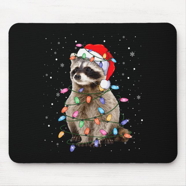 Mousepad Cute Raccoon Christmas Tree Lights Pajama Raccoon  (Frente)