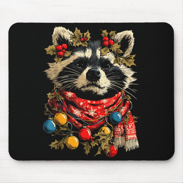 Mousepad Cute Raccoon F Christmas Lights Festive Forest Ani (Frente)