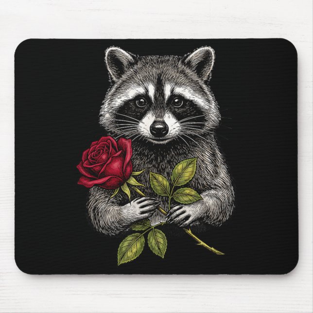 Mousepad Cute Raccoon Holding A Red Rose Sweet Raccoon Love (Frente)