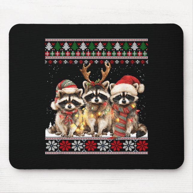 Mousepad Cute Raccoon Santa Christmas Lights Ugly Xmas Swea (Frente)