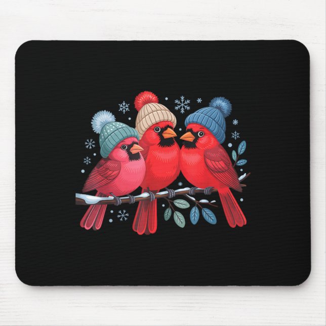 Mousepad Cute Red Cardinals With Knitted Hats Winter Bird A (Frente)