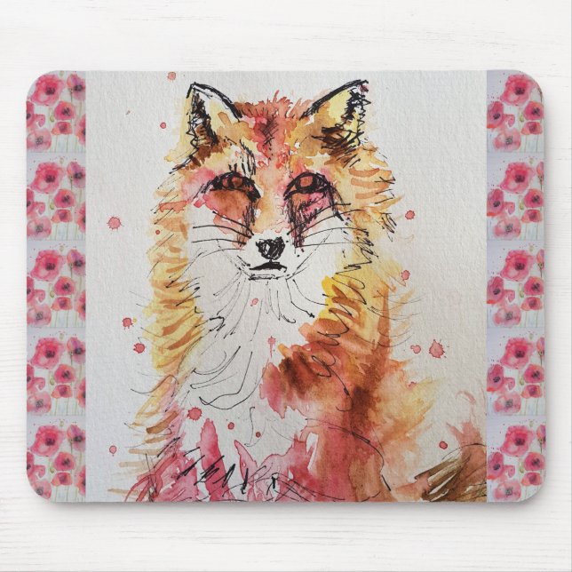 Mousepad Cute Red Fox Watercolour Painting Mouse Mat poppy (Frente)
