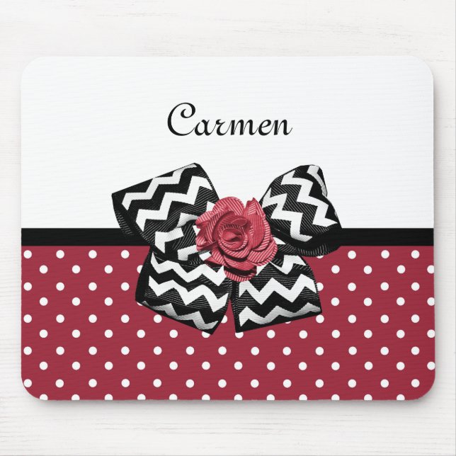 Mousepad Cute Red Polka Dots With Chevron Rose Bow and Name (Frente)