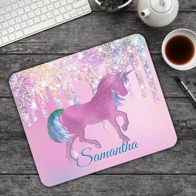 Mousepad Cute rosa unicórnio arco-íris Brilhante Monograma (Criador carregado)