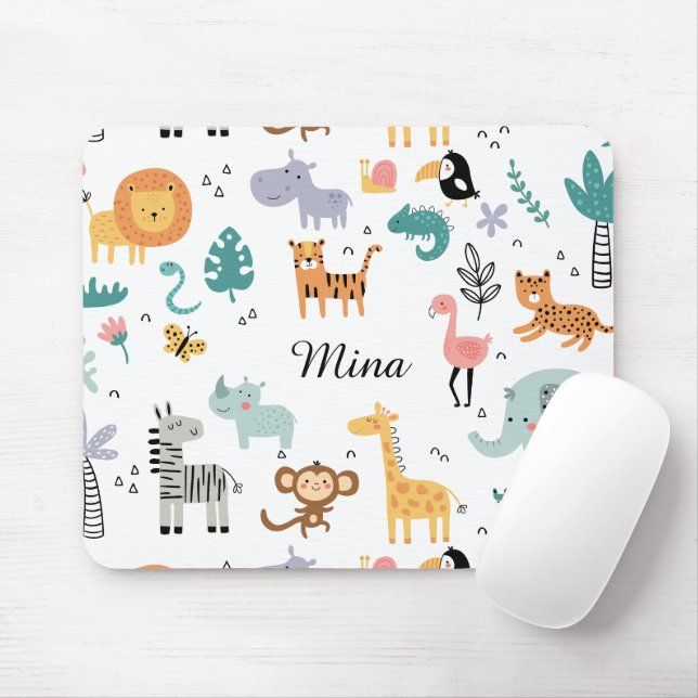 Mousepad Cute Safari Jungle Animals Personalized Baby Name (Com mouse)