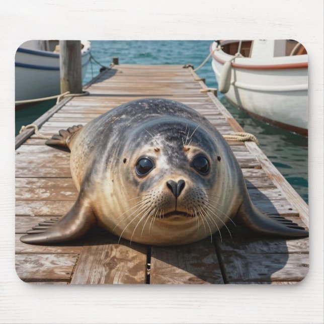 Mousepad Cute Seal Laying on Boat Dock Ocean Pier (Frente)