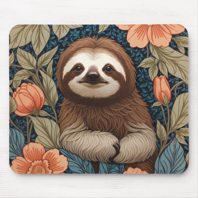 Mousepad Cute Sloth Elegant Floral William Morris Inspired (Frente)